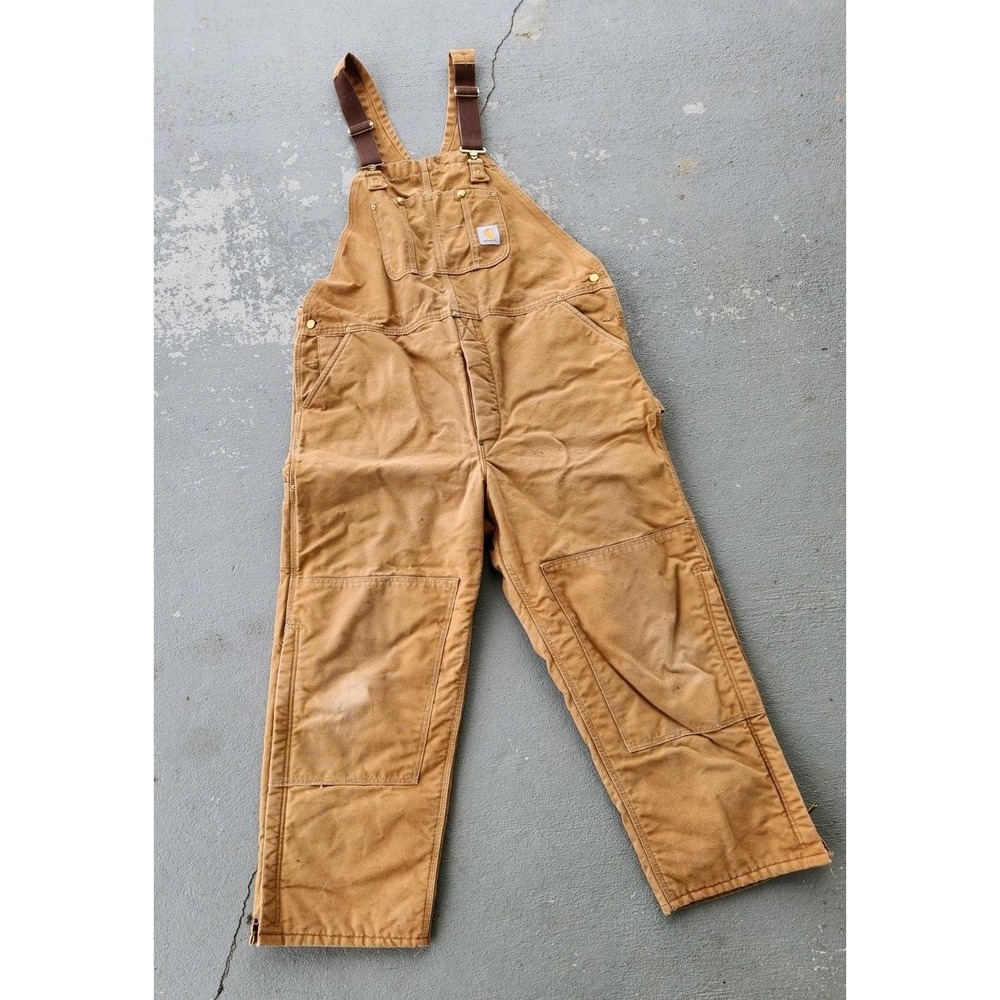 Vtg Carhartt Insulated Red Quilted Lined Bib Double Knee Overalls Pants Sz 46x30